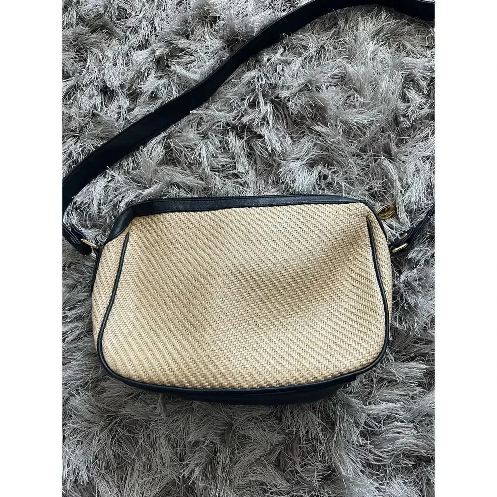 Eitenne Aiger Straw Crossbody Bag With Navy Blue Leather Straps Gold Hardware